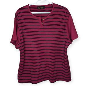 Vintage IMAGE Burgundy Pink & Navy Striped 1/4  Button Neck T Shirt Large